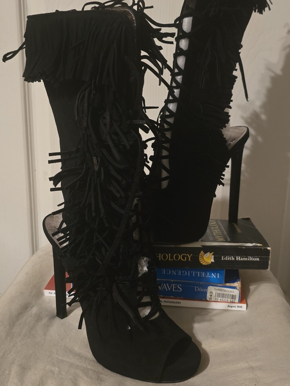 NWT Nasty Gal Roxboro Black Suede Fringe Gladiator Boots 6.5